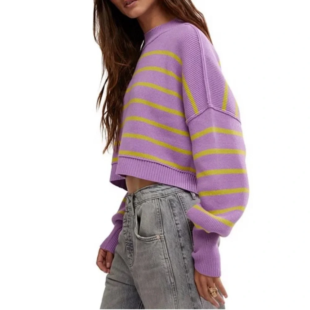 NWT Free People‎ Easy Street Stripe Print Mock Neck Long Sleeve Cropped Pullover
